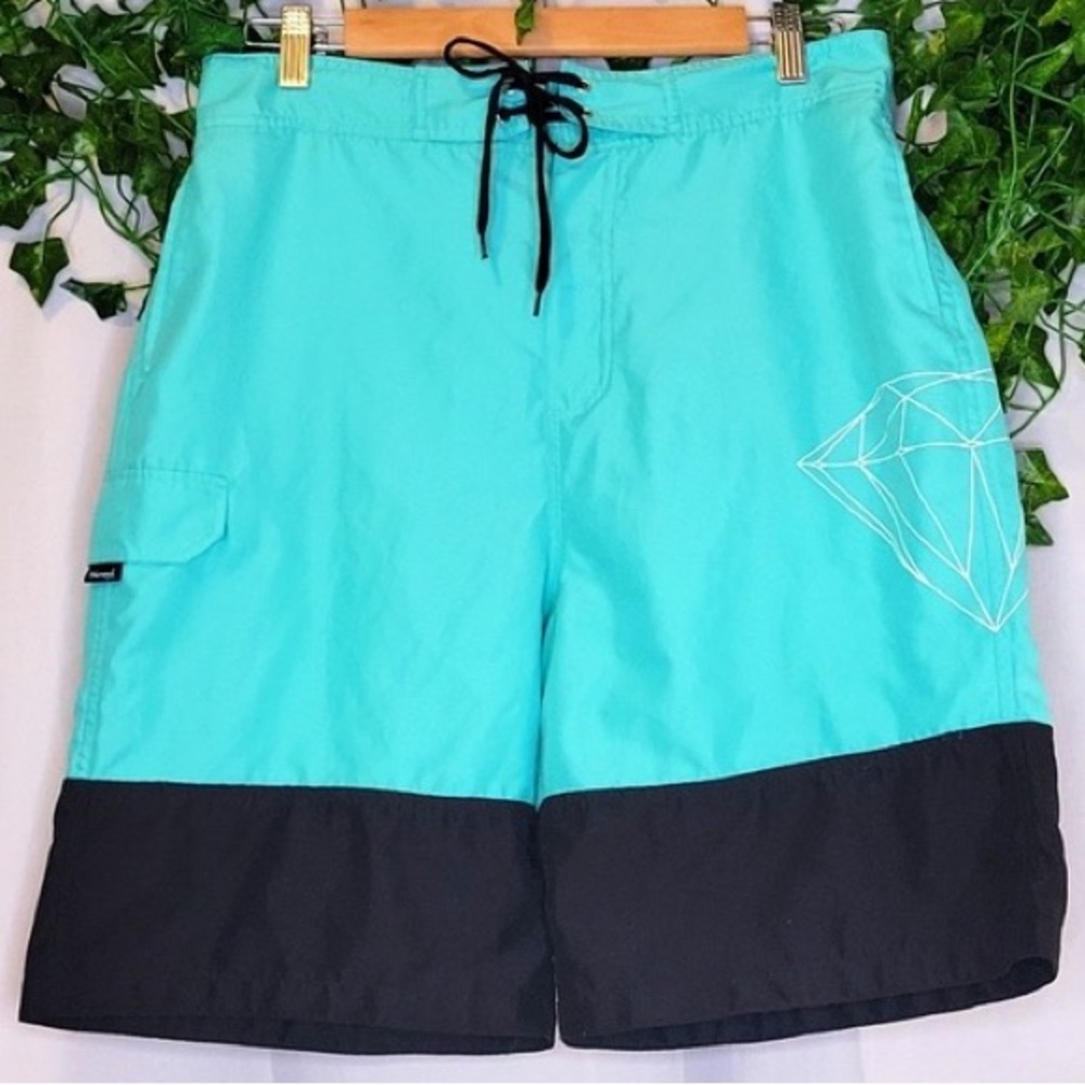 Diamond Supply Co. Turquoise & Black Mens Swim Trunks In Used Condition See Wear
